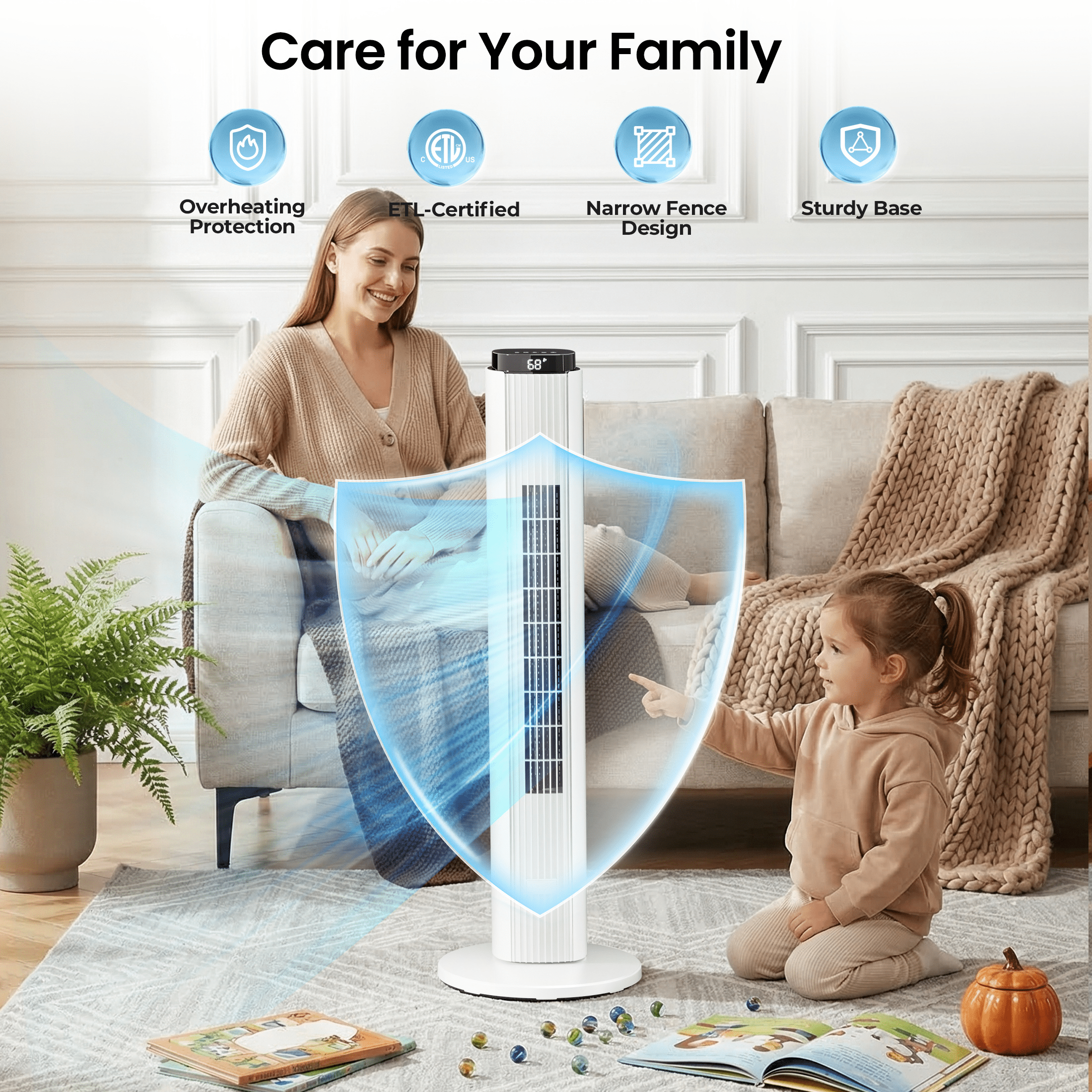 KISSAIR 37" Tower Fan with Remote, 6 Speeds, 4 Modes, LED Display, 12H Timer, 90 ° Oscillating, Bladeless Quiet Fan for Bedroom, Home & Office, White