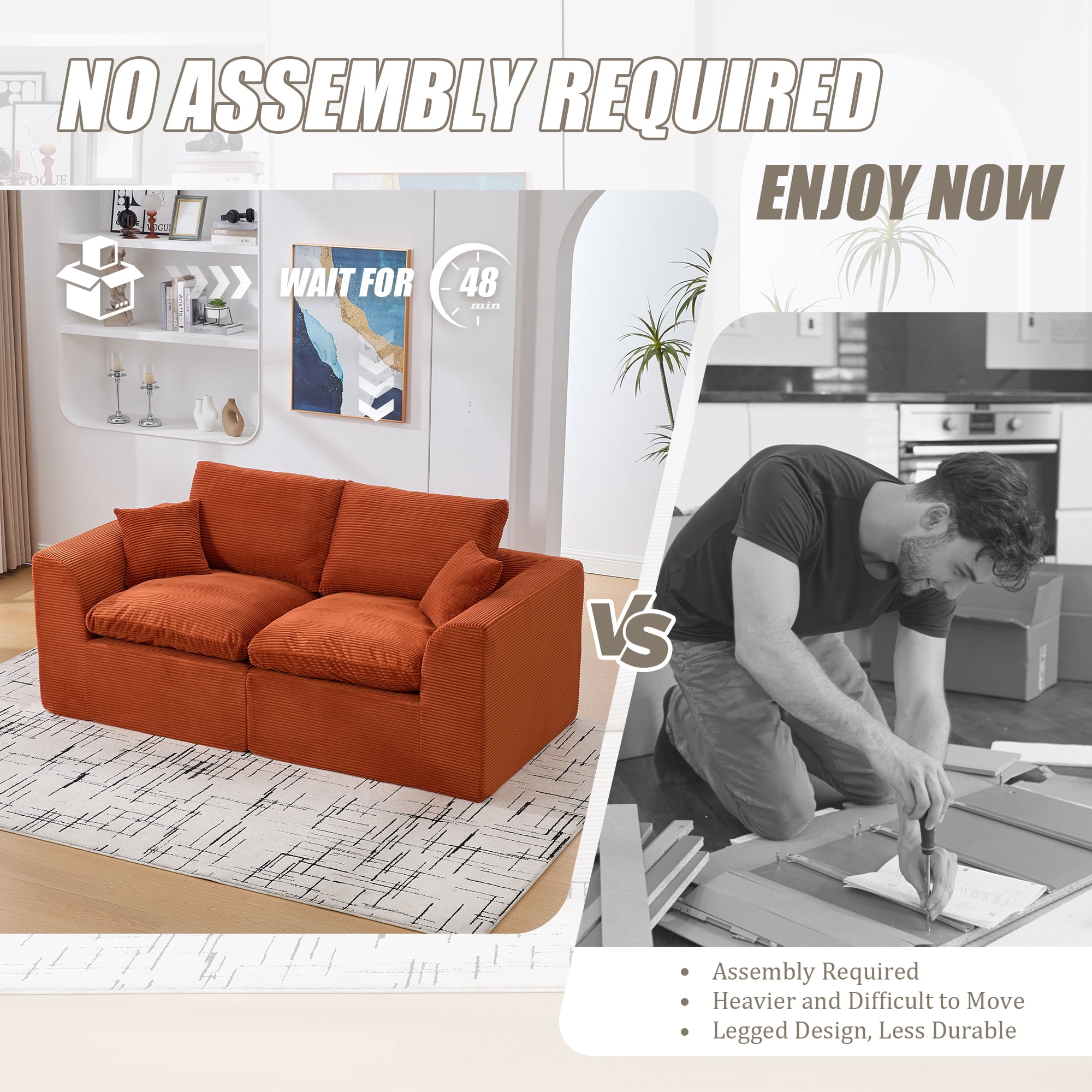 Leumius 80" Cloud Couch,Modern 2 Seater Sofa with Pillow,Upholstered Corduroy Fabric Modern Loveseat for Living Room Bedroom Apartments Dorms,No Assembly Required,Orange