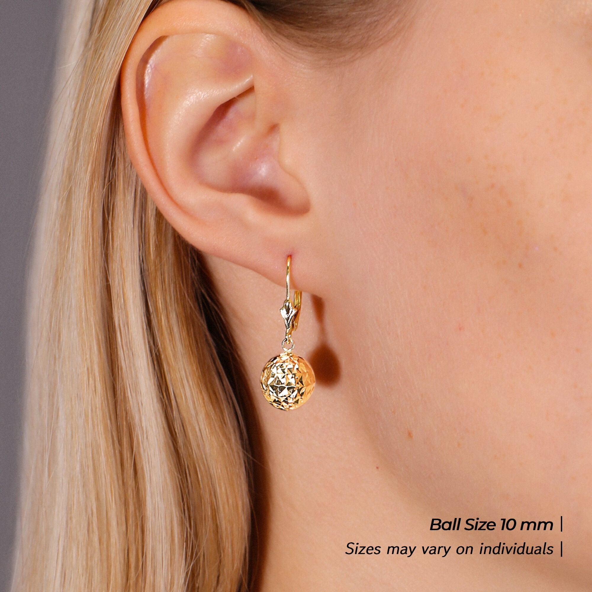 Tilo Jewelry 10K Yellow Gold Diamond-Cut Ball Drop Dangle Earrings with Secure Leaver-Backs | 10mm | Everyday Earrings for Women & Unisex