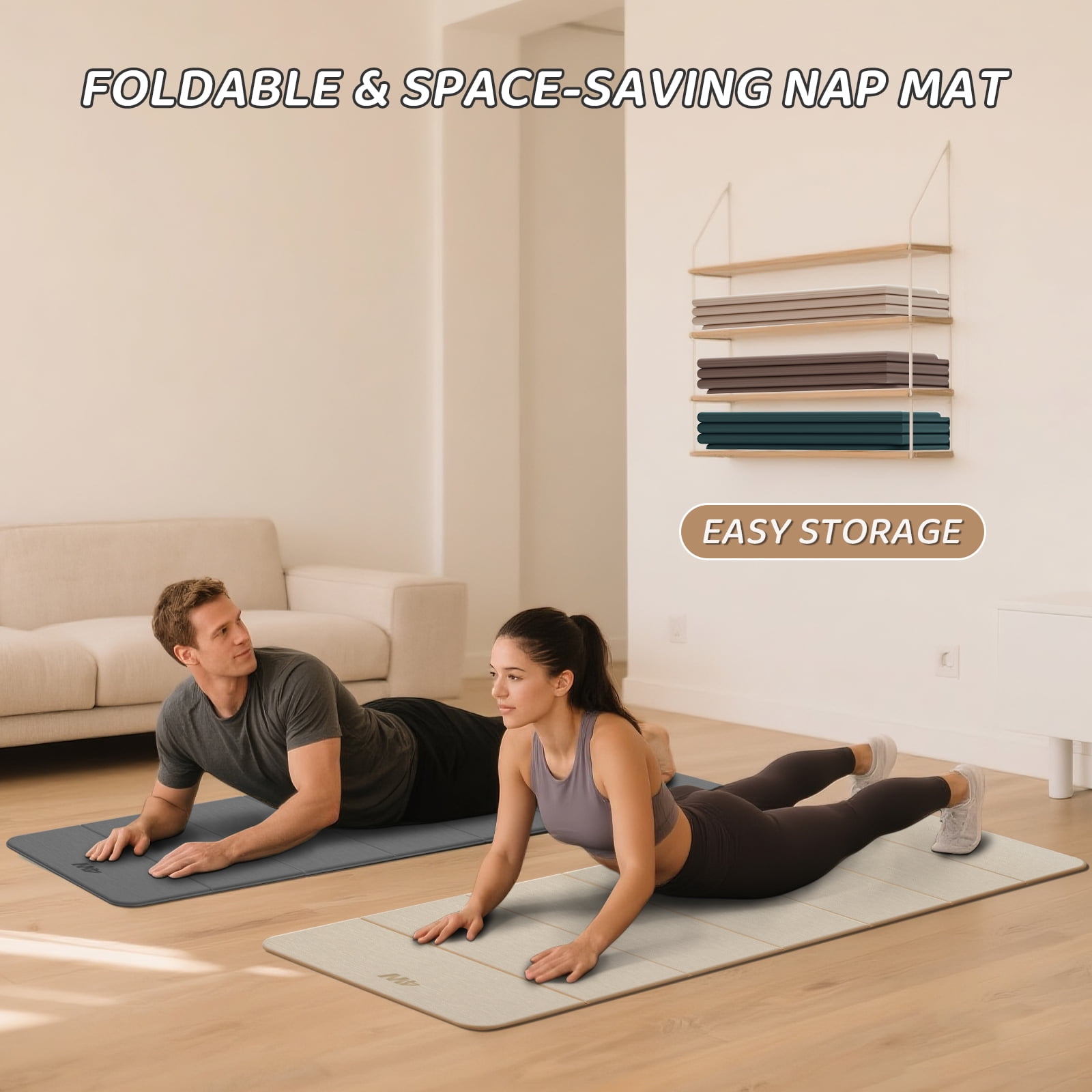4W Foldable Yoga Mat 8mm Thick, TPE Non-Slip Fitness Mats, 3-in-1 for Yoga/Step Stool/Meditation, Quick Storage No Curling(Beige)