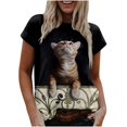 thumbnail image 1 of Camiseta informal para mujer con estampado de gato y cuello redondo, blusa de manga corta, Tops Fridja  bn4667, 1 of 5