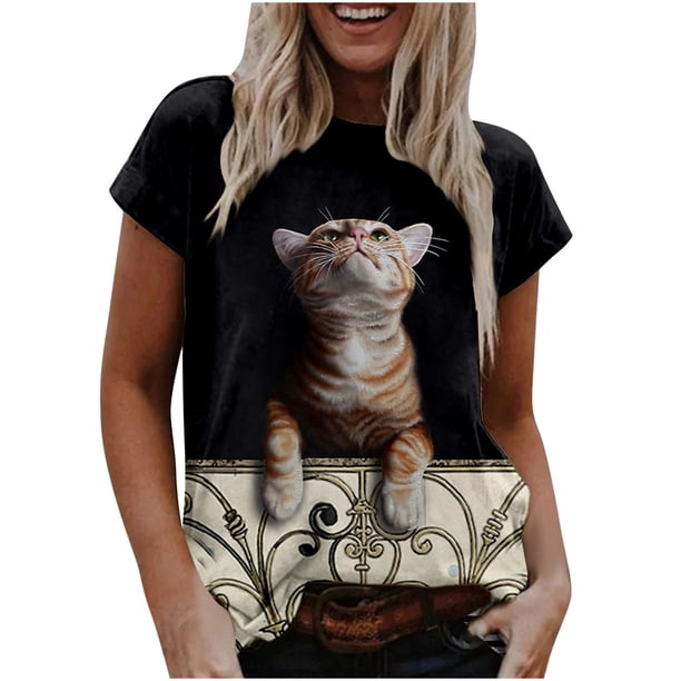 Camiseta informal para mujer con estampado de gato y cuello redondo, blusa de manga corta, Tops Fridja bn4667