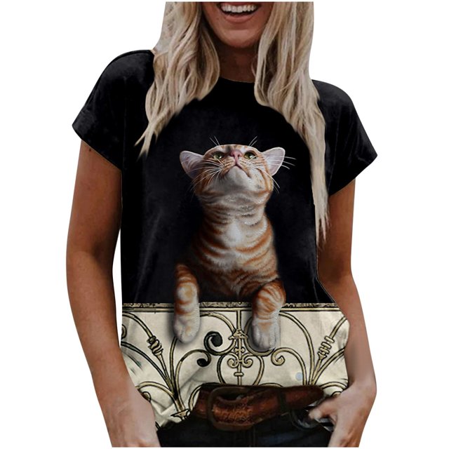 Camiseta informal para mujer con estampado de gato y cuello redondo, blusa de manga corta, Tops Fridja bn4667