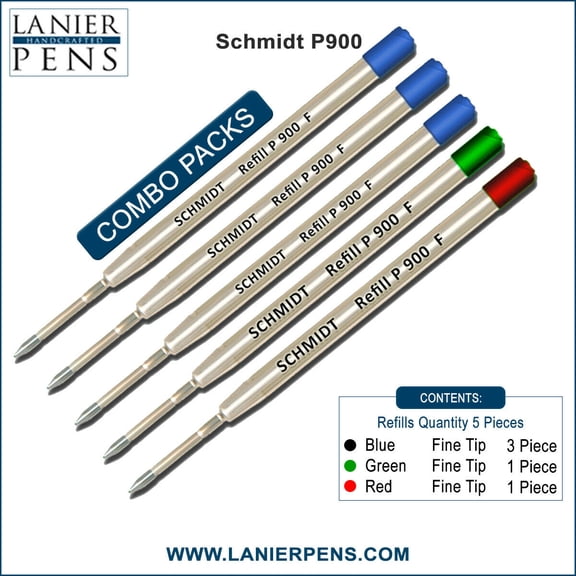 5X Schmidt P900 F Parker Style Ballpoint Refill Green/Red/Blue Ink Fine Tip