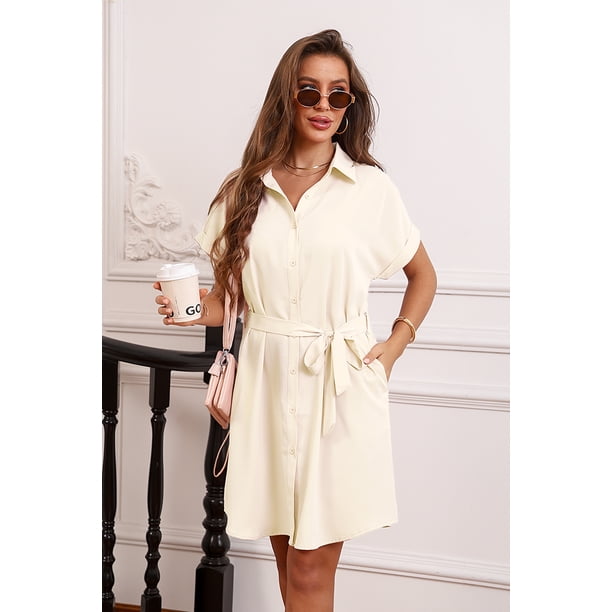 summer dresses knee length casual Ohhsheen Summer Dresses for Women 2025 Button Down Shirt Dress with Belt, Casual Knee Length Short Sleeve Midi Dress with Pocket, Women's, Size: 3XL,