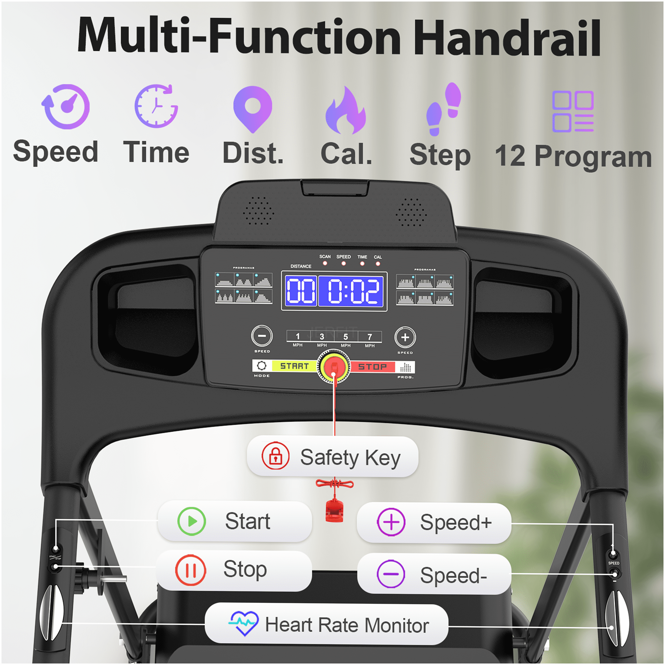 JERFIT Electric Folding Treadmill for Home, 2.5HP Motor 12KM/H Speed, 3-Level Incline, Bluetooth Speaker, Compact Running Machine for Cardio Workout