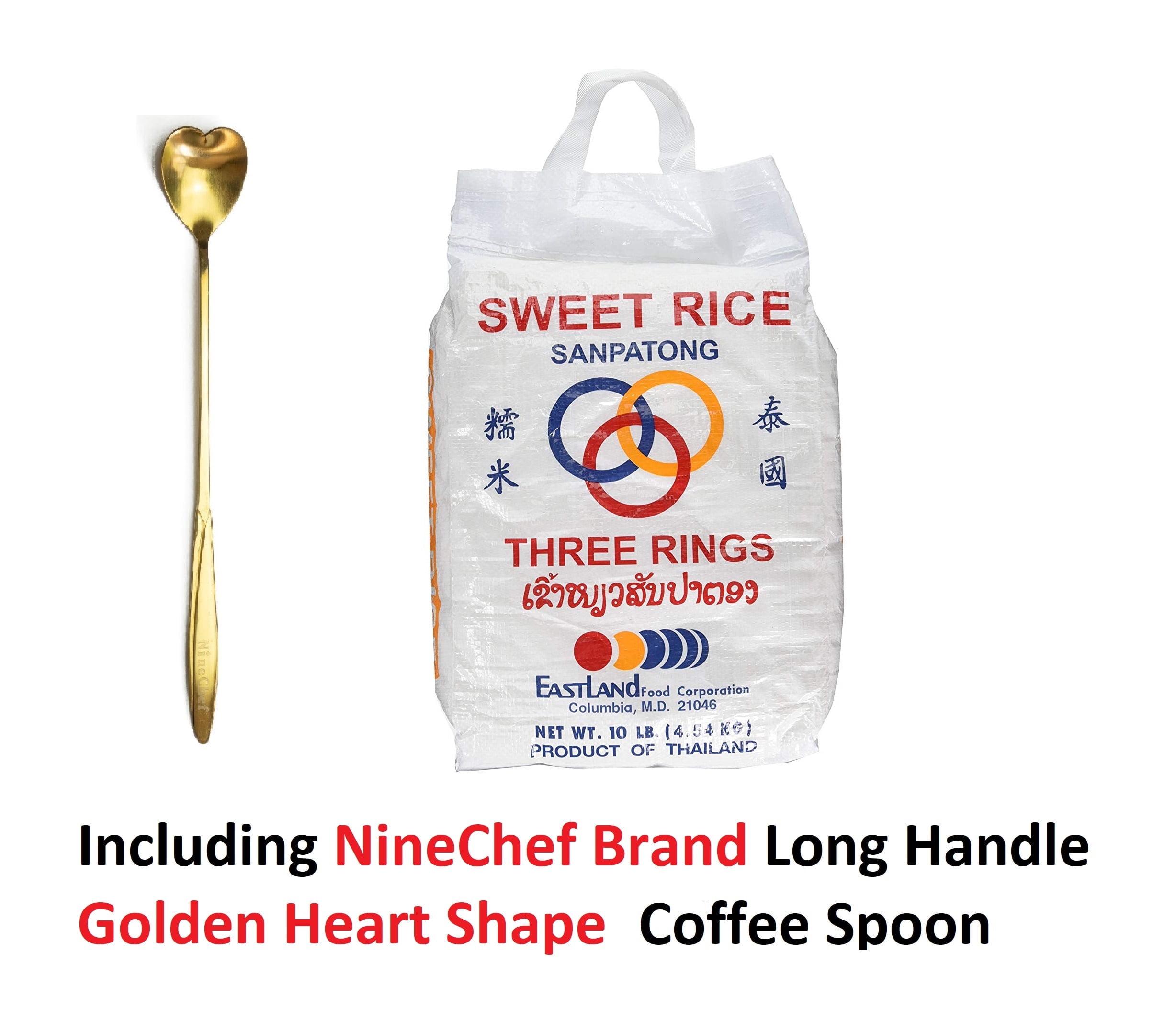 NineChef Bundle - Three Rings Thai Sticky Rice Sweet Rice ( (10 Lbs) + 1 NineChef Brand Golden Heart Ice Tea Coffee Long Handel Spoon