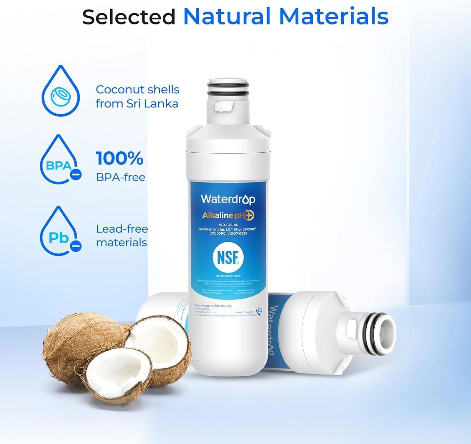 Waterdrop Alkaline LT1000PC ADQ747935 Replacement for LG® LT1000P®/PC/PCS ThinQ® Refrigerator Water Filter, LFXS26973S, LMXS28626S, LMWS27626S, LFXS28596S, LFXS26596S, Enhance PH, 3 Filters