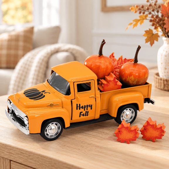 4.9-Inch Mini Fall Vintage Metal Pumpkin Truck Decor with Maple Leaves, Farmhouse Tabletop Decoration for Tiered Tray, Shelf, Mantel, Thanksgiving & Autumn Home Decor