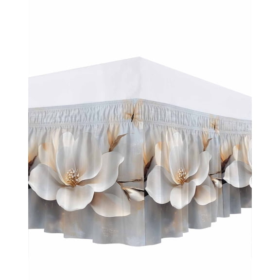 Magnolia Flower Ruffle Bed Skirt King Size Retro Flowers Adjustable Elastic Dust Bed Skirts Wrap Around Bedskirt Wrinkle Free Easy Fit with 18 Inch Drop