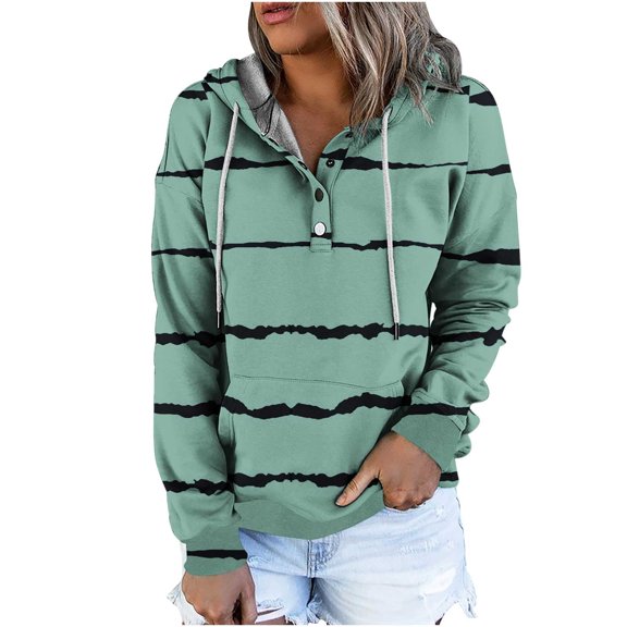 VEKDONE 2025 Fall Long Sleeve Hoodie Sweatshirt for Women Trendy Stripe Print Button Hooded Blouse Casual Lightweight Drawstring Pullover with Pockets Trendy Loose Fit Tunics Tops