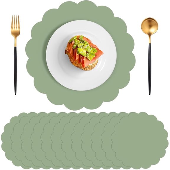 Sage Green Paper Placemats Set of 6, 13.5 Inch Disposable Round Scalloped Place Mats for Wedding, Birthday, Bridal Shower and Tea Party Decor