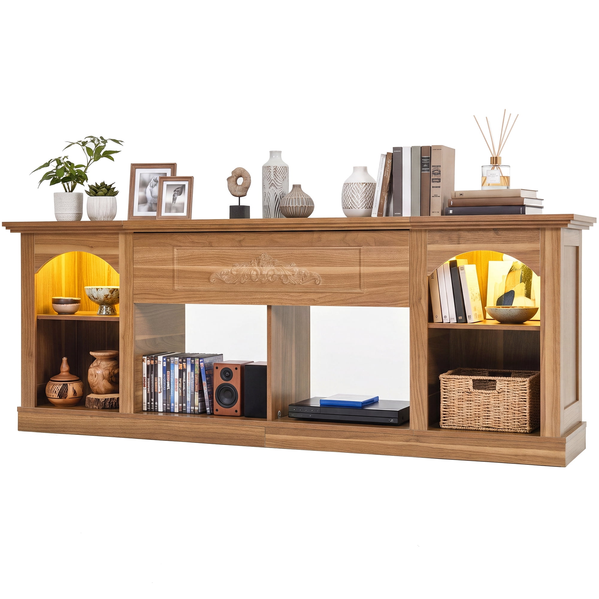 Uforic 70 Inch Farmhouse TV Stand with RGB Ambient LED Light, Flip-Down Carved Door Fits 75/80 Inch TVs for Living Room Bedroom, Light Walnut