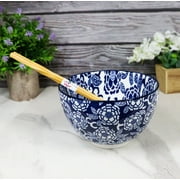 Blue Botanica Floral Blossoms 20Oz Donburi Ramen Soup Bowl With Chopsticks Set