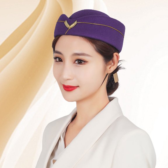 opvise Stewardess Hat Elegant Embroidery Badge Comfortable Breathable Decorative Dress Up Woolen Women Air Hostesses Beret Formal Uniform Cap for Performance Beige
