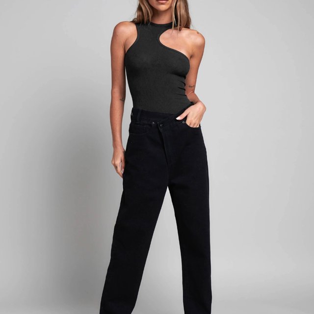 Body Body acanalado sexy Top ajustado de doble capa para mujeres que tocan fondo (Negro M) Cgtredaw Para estrenar
