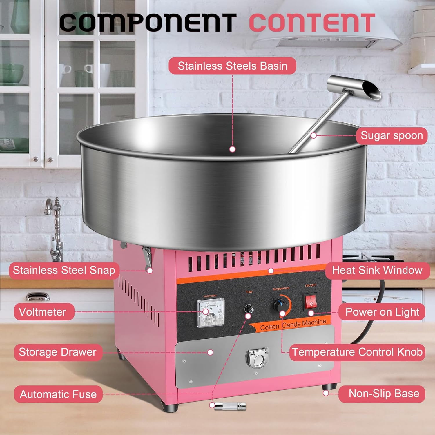 Pink Electric Cotton Candy Machine Commercial, 1000W Cotton Candy Maker with Stainless Steel Bowl, Sugar Scoop, Storage Drawer, Perfect for Family Party, Kids Birthday