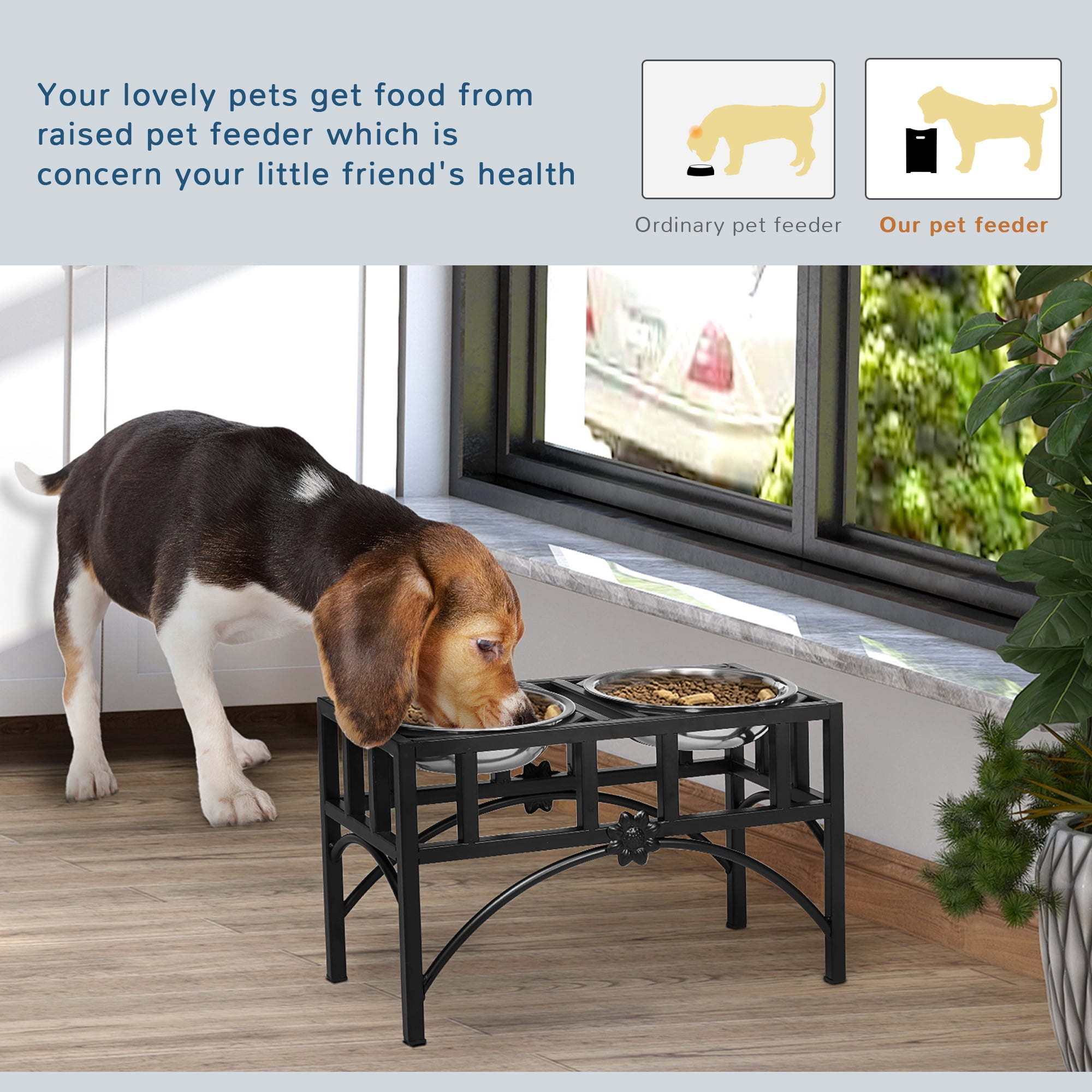 Double Stainless Steel Heavy Duty Dog Food Bowl Elevated Pet Feeding Station for Medium Dogs, 17 inches