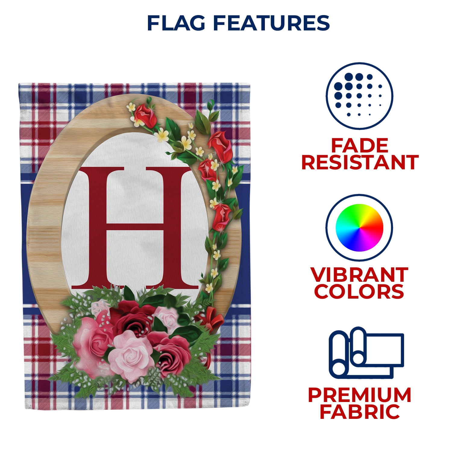 America Forever Monogram H House Flag, 28 x 40 inch Double Sided, Letter H with Roses, Floral Initial Flag, Plaid Background, Personalized Yard Decor