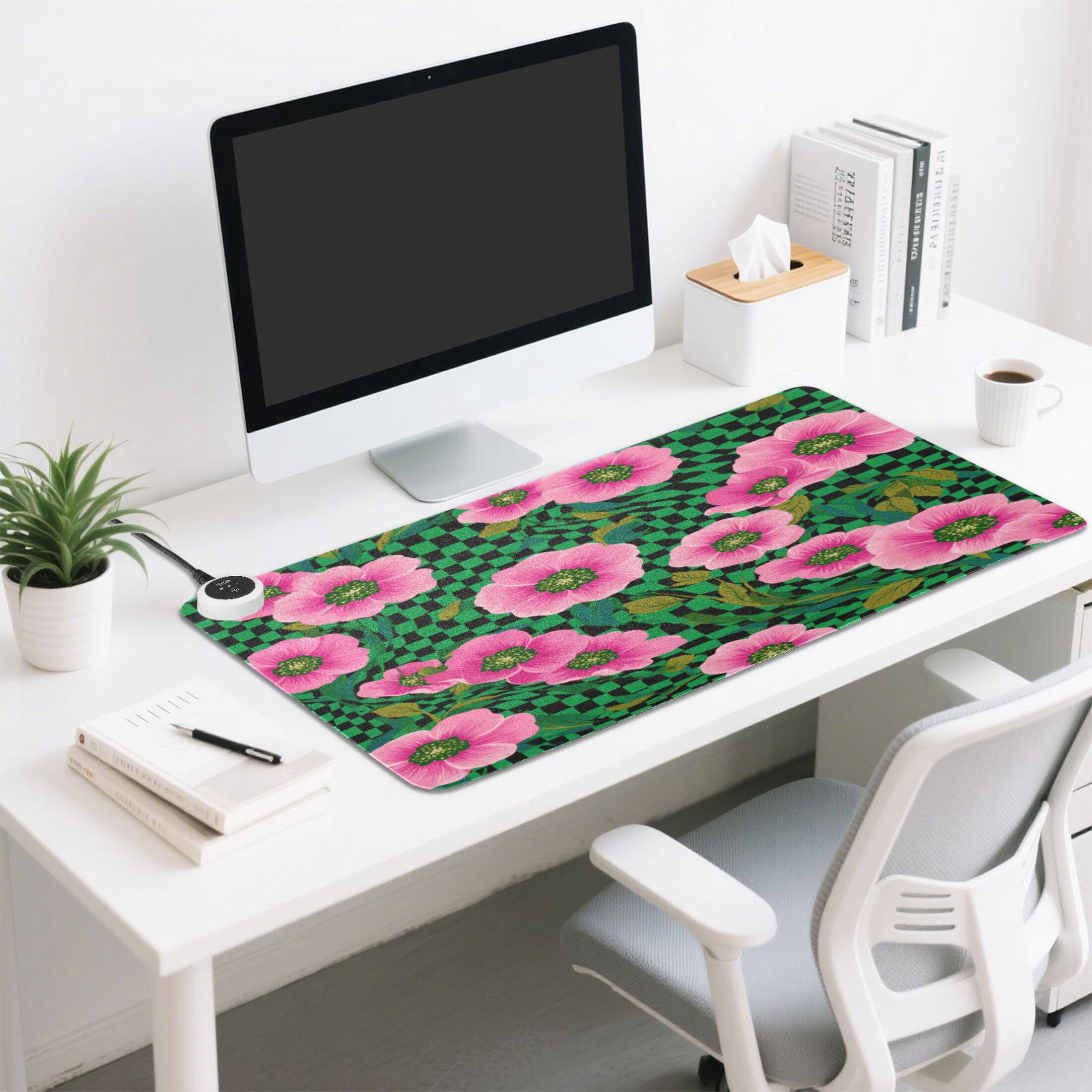 Large Heated Desk Mat Mouse Pad 31.5"x13"PU Leather Graphene Heating Desk Warmer with 3 Temperature Settings 110V US Plug Non-Slip Warm Pad for Home, Office, and Gaming Groovy Green and Pink Flowers
