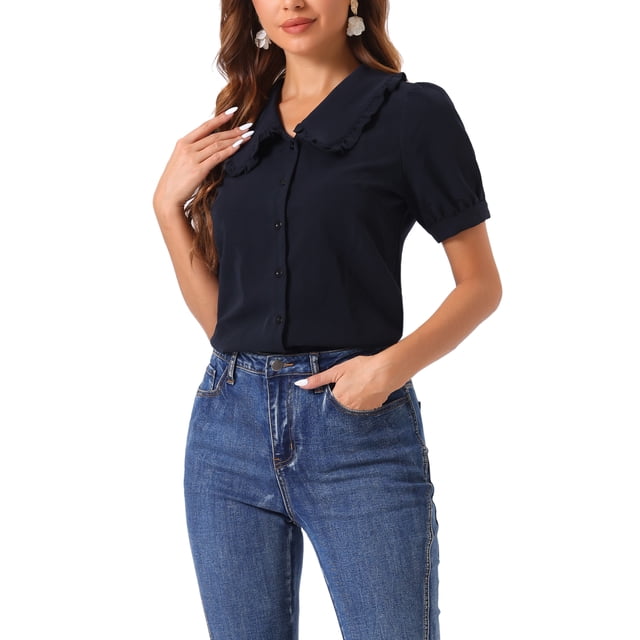 Camisa de mezclilla INSPIRE CHIC para mujer con cuello Peter Pan y mangas abullonadas, blusa vintage en azul marino XS