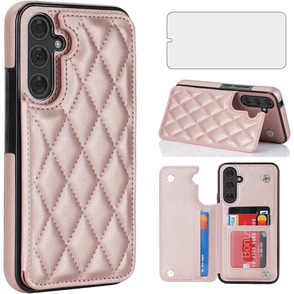 Asuwish Kickstand Hard Shell Wallet RFID Blocking Cell Phone Case with 1 Phone Case 1 Piece Tempered Glass Screen Protector for Samsung Galaxy S24 ,Rose Gold