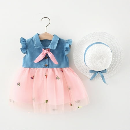 

Hunpta Infant Baby Girls 6M-3Y Fly Sleeve Denim Patchwork Pineapple Tulle Princess Dress Hat Set