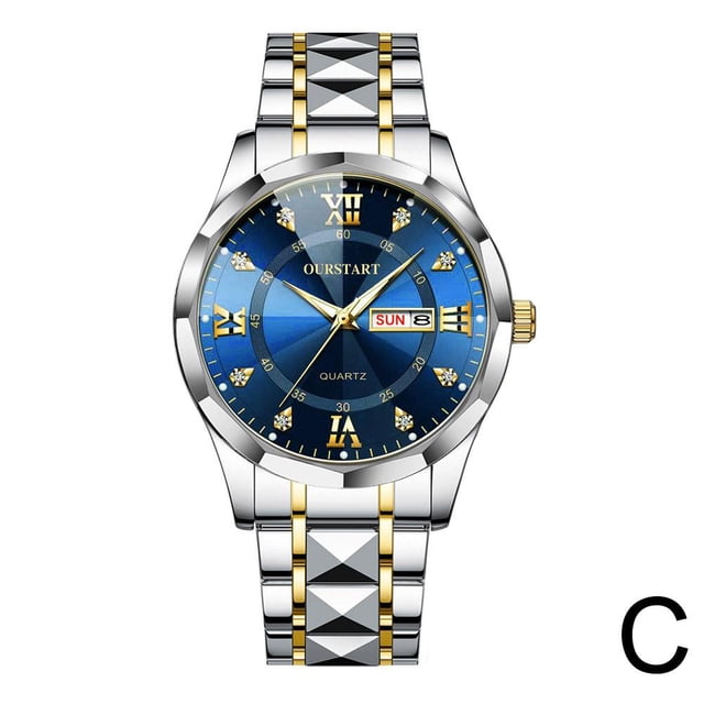Casual Dual Calendar Men'S Watch Waterproof Luminous Rivet Quartz Steel Band Watch