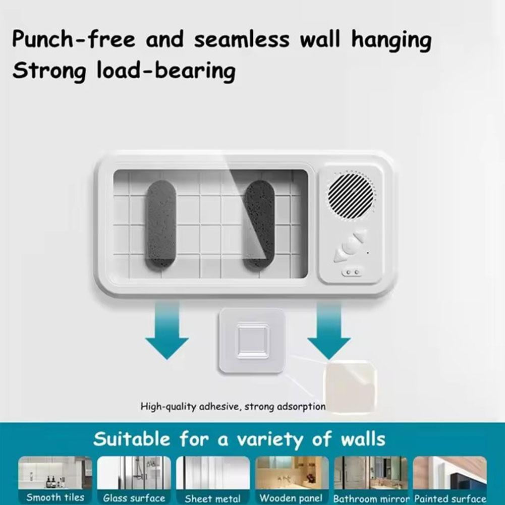 Waterproof Phone Case with Built-in Speaker, Anti-Fog Shower Phone Holder Stand with Wireless Bluetooth Speaker for Bathroom Bathtub Kitchen Wall Mirror