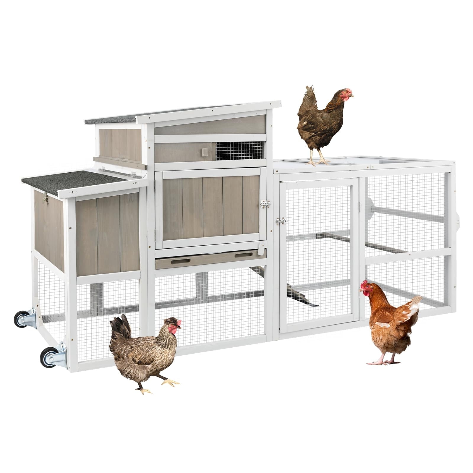 Gowoodhut Chicken Coop Mobile Wooden Hen House with Nesting Box,75" L Outdoor Chicken House with Wheels and Removable Tray,Fir Wood Chicken Tractor with 4 Ventilation Door and Ramp,Grey
