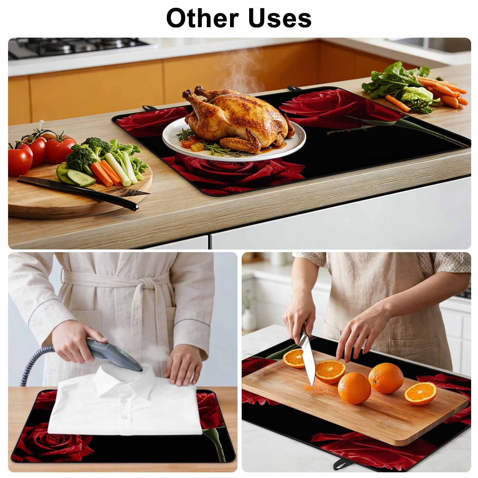 Red Rose Stove Top Cover for Electric Stove, Heat-proof & Non Slip Glass Top Stove Cover Protector, Vintage Abstract Garden Flower Floral Black Kitchen Flat Cooktop Rubber Mat 36x21 Inches
