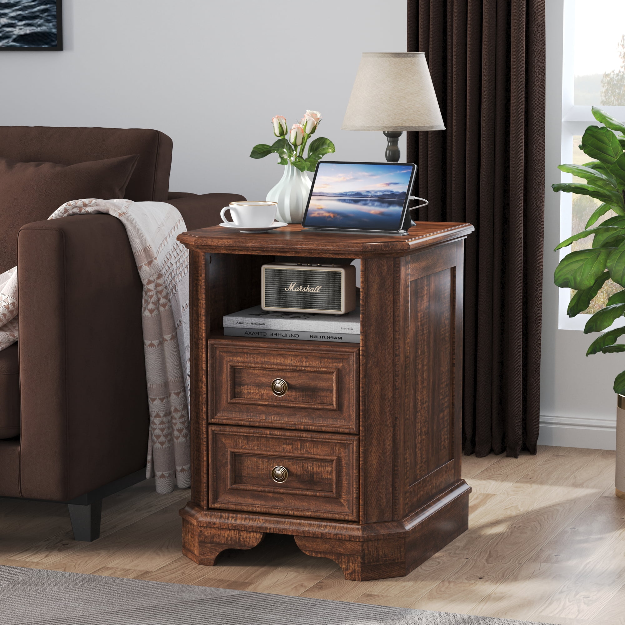 OKD Farmhouse Nightstand with Charging Station, End Table with 2 Drawers for Living Room, Side Table, Brown