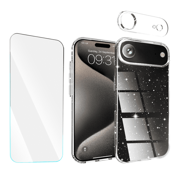 3-in-1 Entronix Bundle designed for iPhone 17 Air, Sparkly Glitter Clear Case, Tempered Glass, Camera Lens