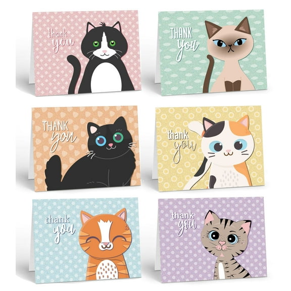 Assorted Adorable Cat Thank You Note Card - 12 Thank You Note Cards and Envelope