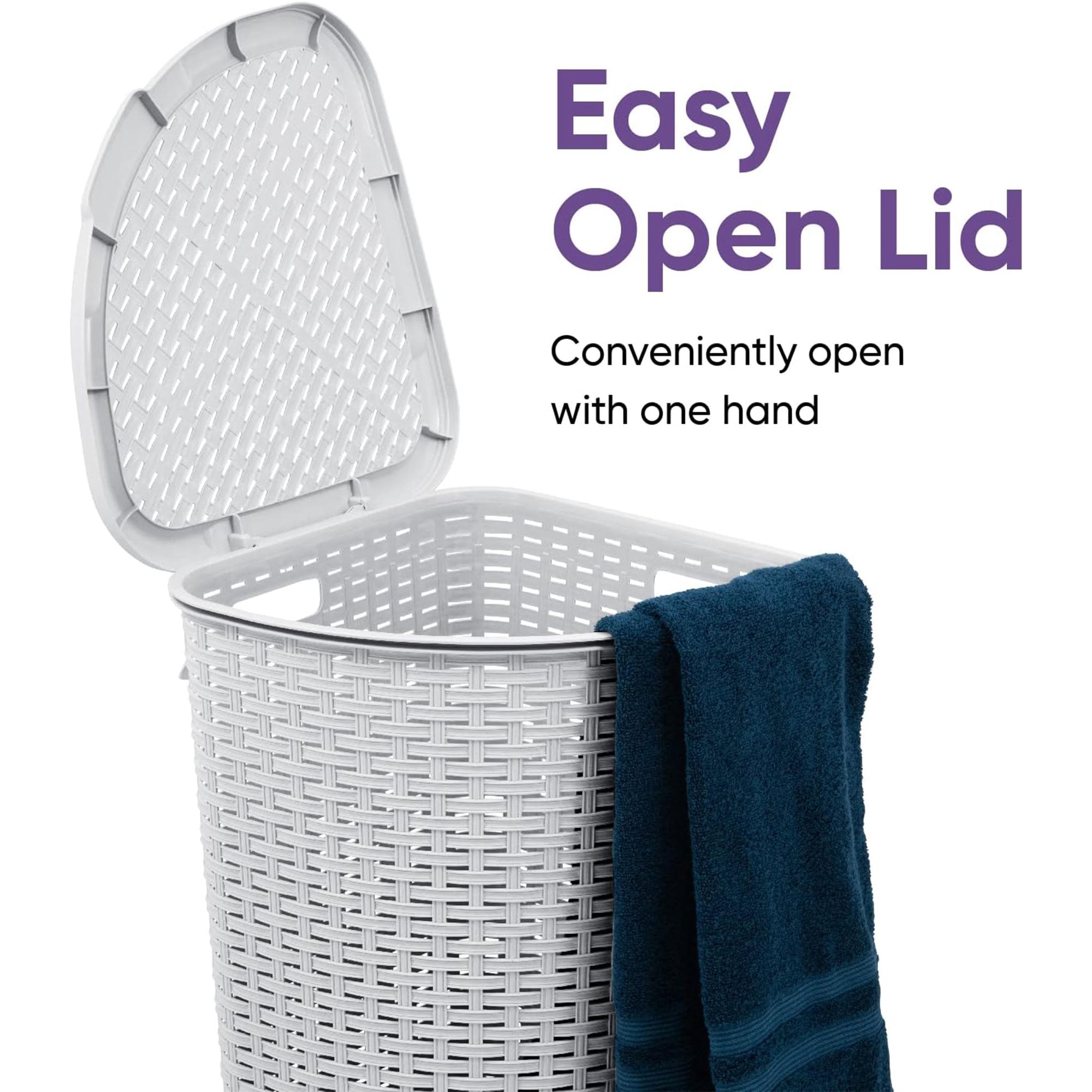 Superio 50L Wicker Plastic Corner Laundry Hamper with Lid - White Smoke