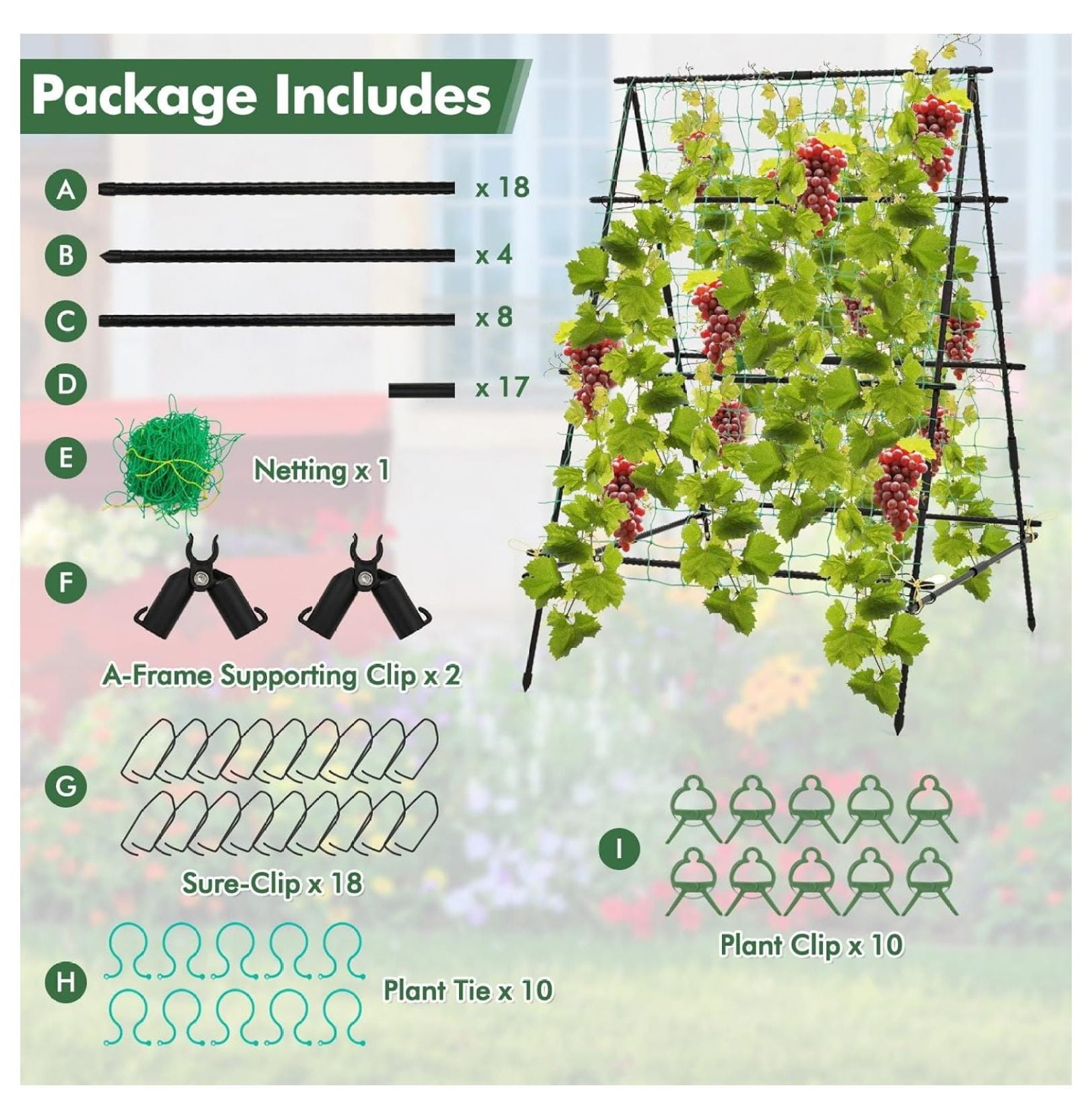 Garden Trellis for Climbing Plants Outdoor, A-Frame Plant Trellis with Netting, Heavy Duty Metal Poles, Plant Clips for Vines, Vegetables, Flowers