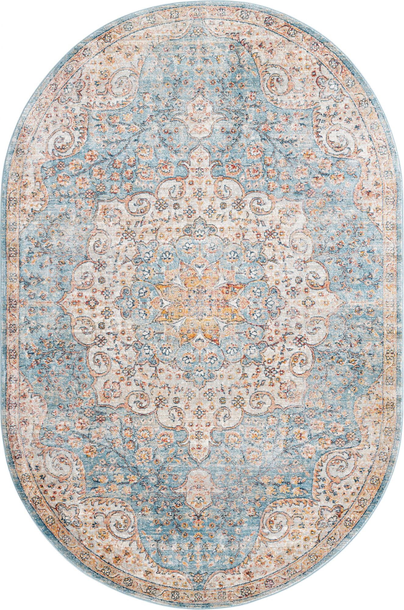 Rugs.com Newport Collection Rug – 5' 3 x 8' Oval Blue Medium Rug Perfect For Living Rooms, Large Dining Rooms, Open Floorplans