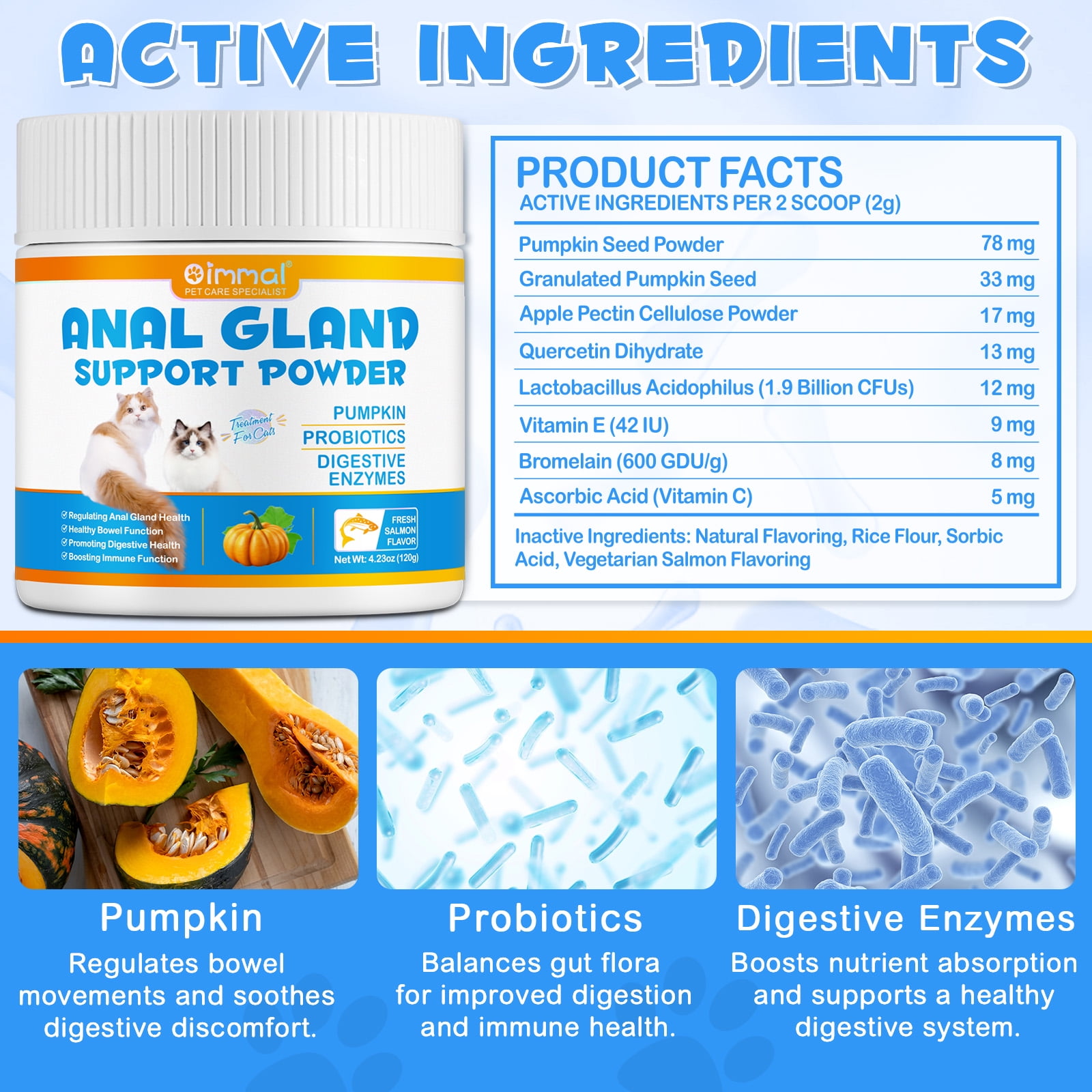 Oimmal Cat Anal Glands Powder with Pumpkin, Probiotics & Digestive Enzymes, for Healthy Anal Gland & Bowel Function - Boot The Scoot (Salmon Flavor, 120gX2pack)