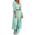 thumbnail image 2 of Conjunto de Pijama de 3 Piezas para Mujer, Cárdigan de Punto de Larga, Top Corto, Pantalones Anchos y Ropa de Estar por Casa. Verde S, 2 of 8