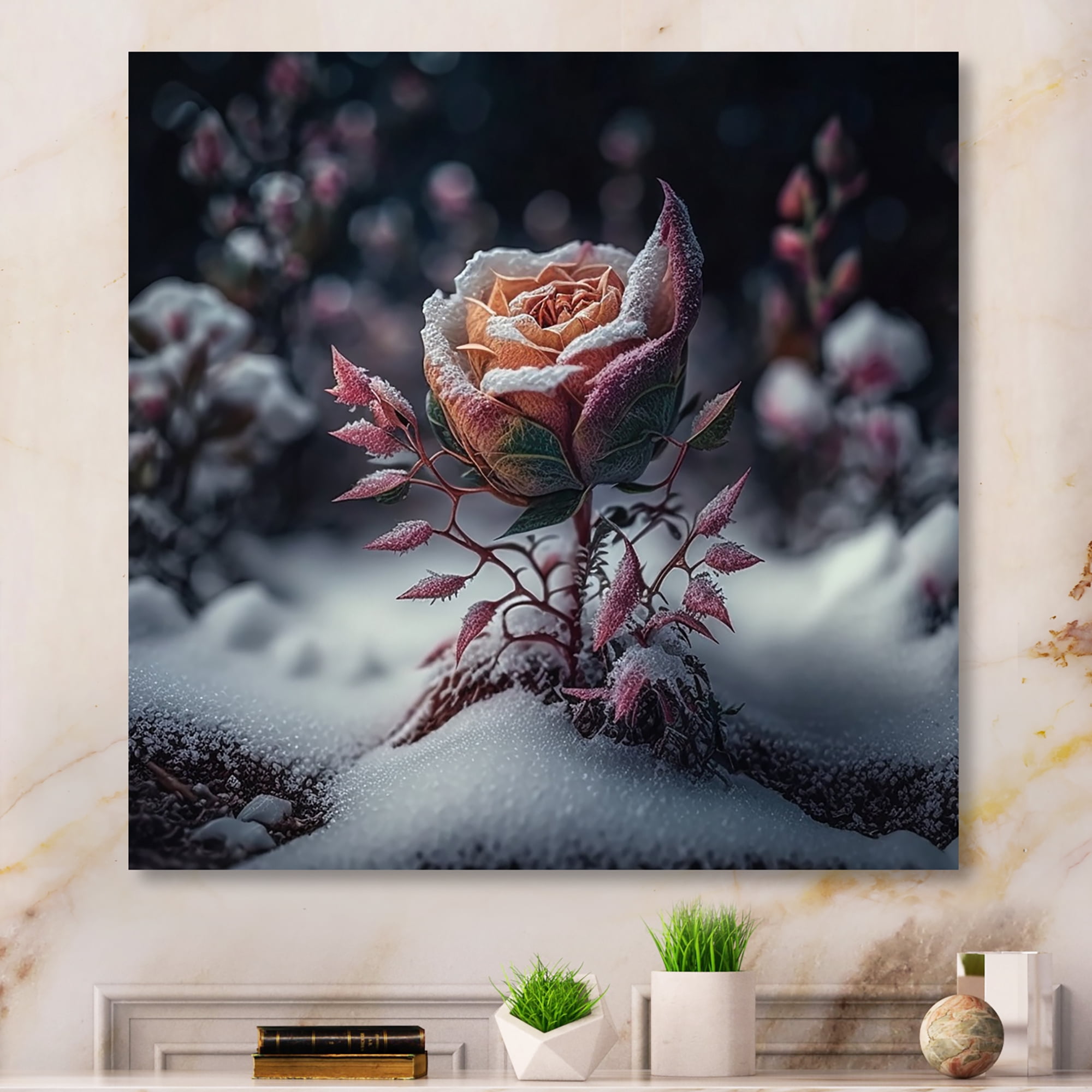 Designart A Blooming Pink Rose Flower In Winter II Canvas Wall Art