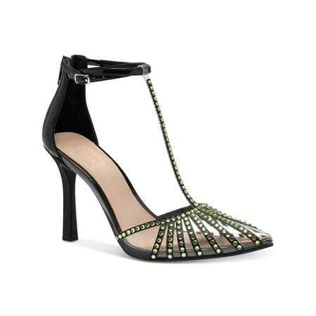 

INC Womens Black T-Strap Rhinestone Buckle Accent Sovena Pointed Toe Stiletto Zip-Up Pumps Shoes 8 M