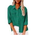 thumbnail image 2 of YHAJDS Womens Pocket Shirt Women's Long Sleeve Tops Solid Color Lapel Breasted Double Pocket Shirt Blouse, 2 of 5