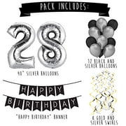 Sterling James Co. 28Th Birthday Party Pack - Black  Silver Happy Birthday Bunting, Balloon, And Swirls Pack- Birthday Decorations - 28Th Birthday Party Supplies