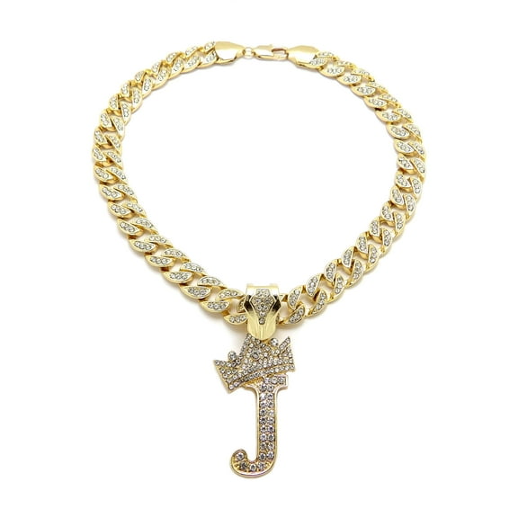 iJewelry2 Kings and Queens Crowned Initial Letter J Crystals Pendant Gold-tone Cuban Linked Chain Necklace