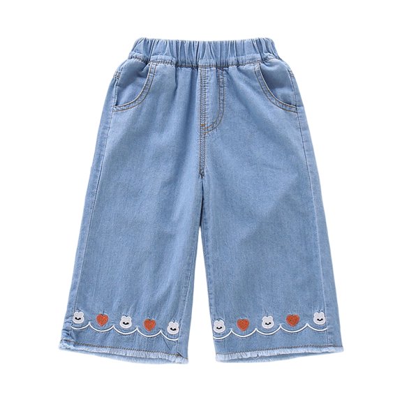 Shadoumai Girls Denim Pants Summer Lightweight Embroidery Baby Toddler Loose Fit Cropped Trousers Fashionable Casual Outwear