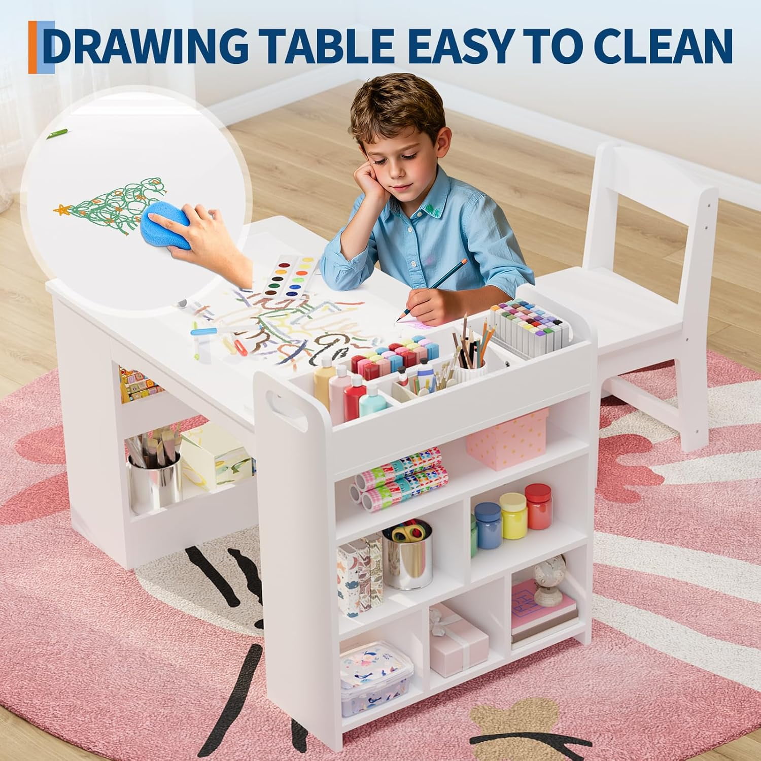 Shininglove Kids Art Table & 2 Chairs Set - 42" Wooden Activity Desk w/Storage Shelves & Paper Roll Dispenser for Toddlers Age 2-10, Daycare Craft Station