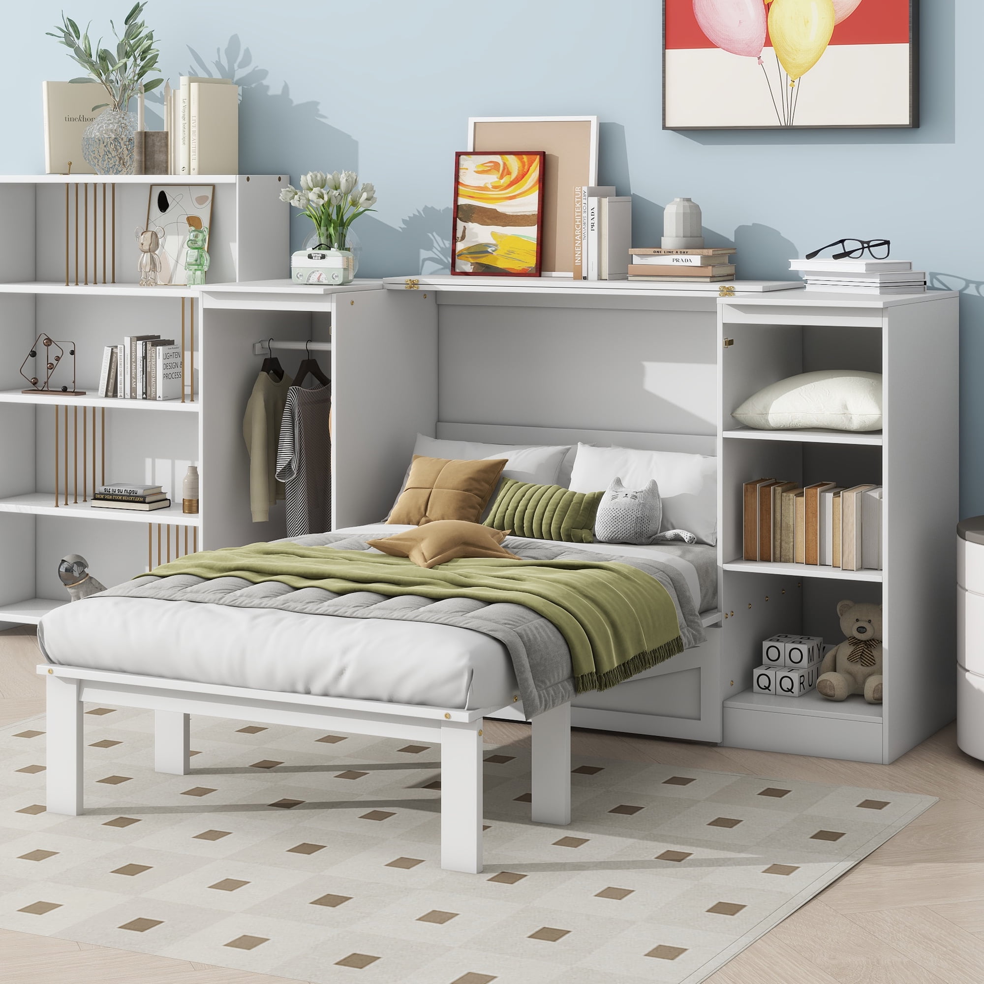Euroco Wood Twin Size Murphy Bed with Wardrobe and Shelves for Kids Teens Living Room