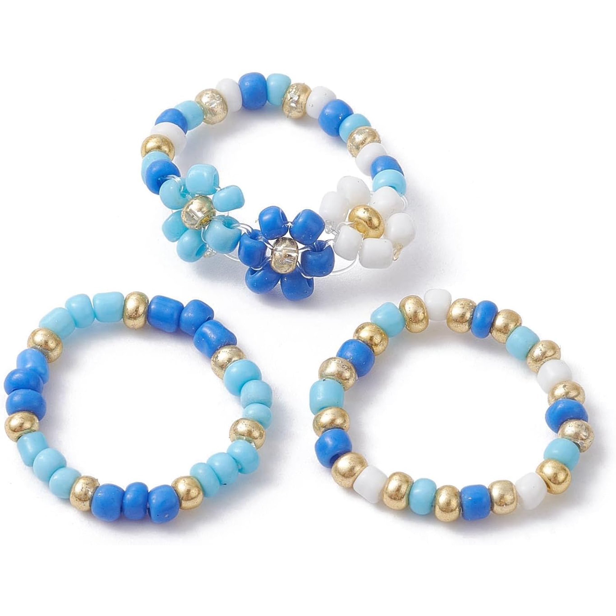 10 Set Glass Seed Beaded Stretch Rings Set Flower Stackable Rings Personalized Rings for Women Dainty Trendy Jewelry Blue US Size 7 1/4(17.5mm) 3pcs/set Blue