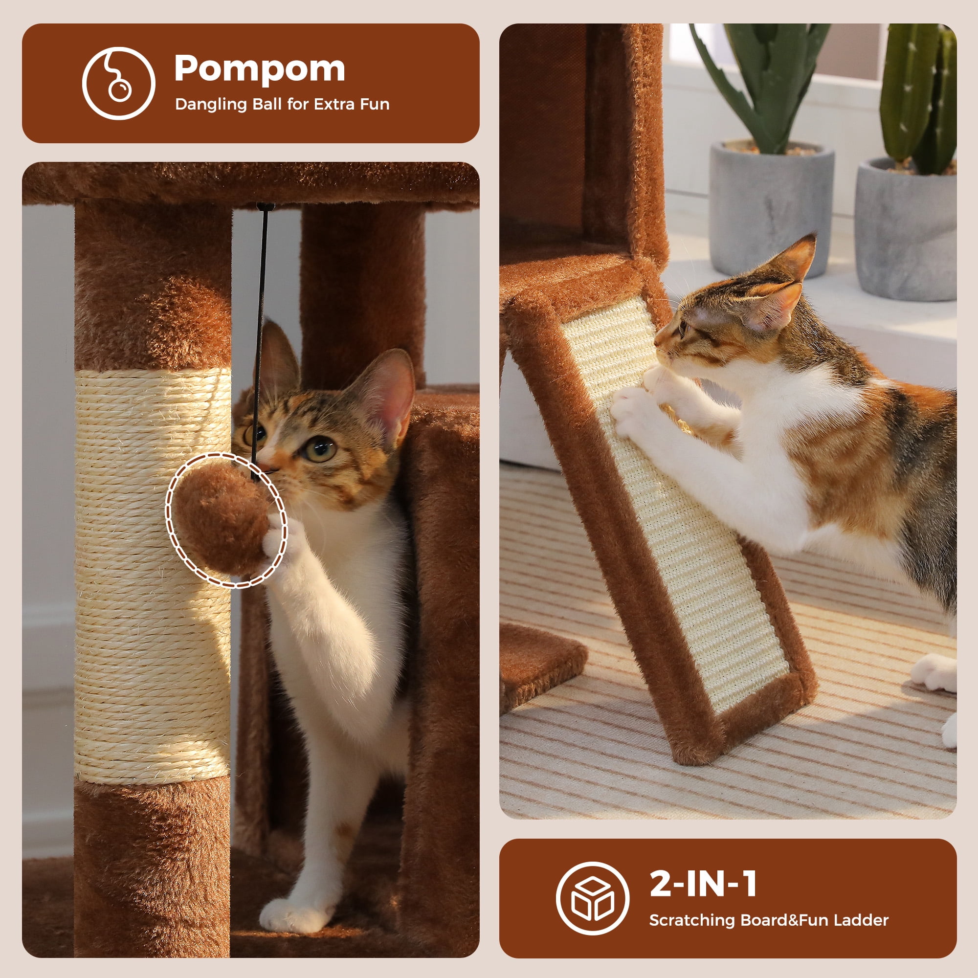 PAWZ Road 30" Cat Tree Condo with Sisal Scratcing Post Tower Ramp for Indoor Cats,Brown
