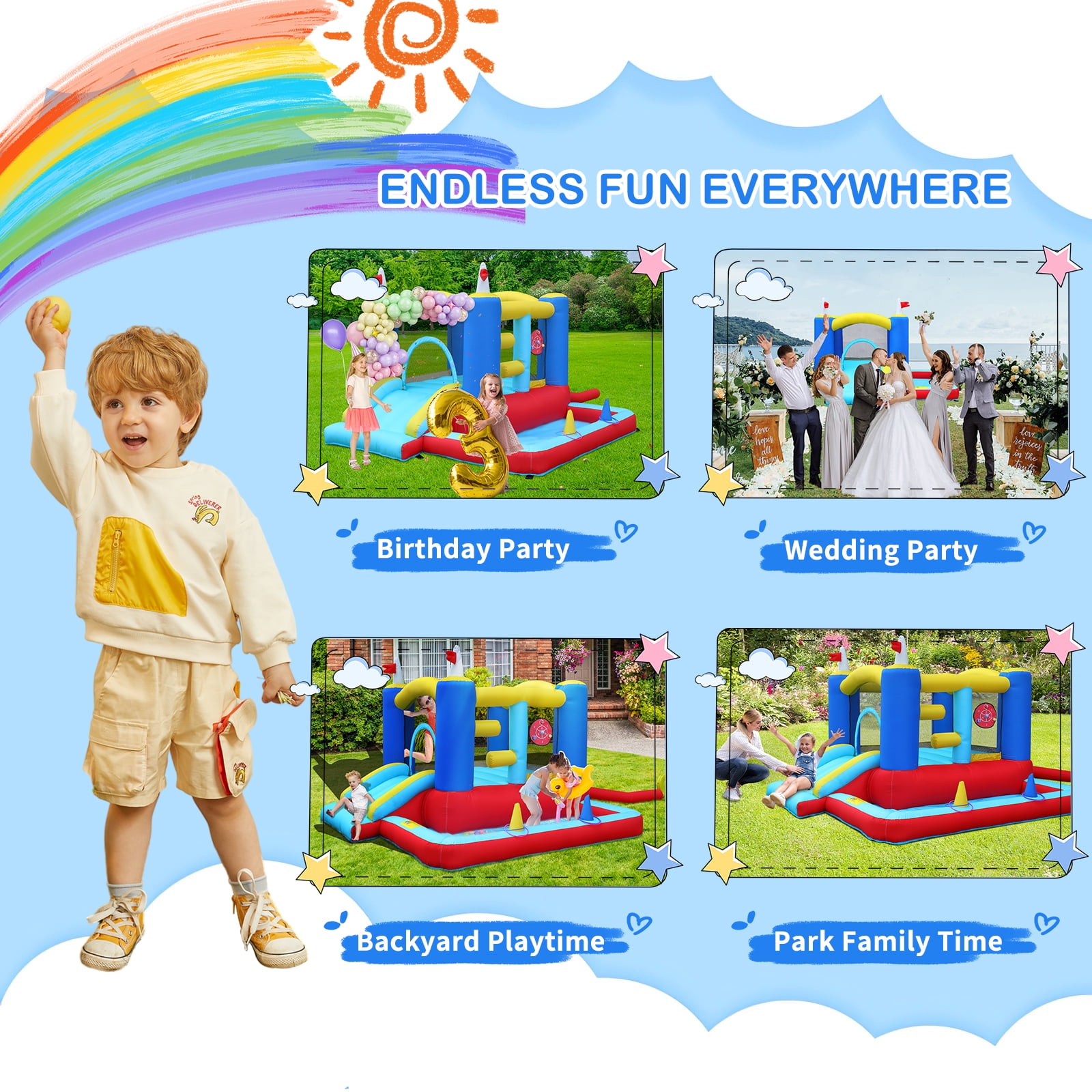 Ktaxon Inflatable Bounce House with Blower for Kids 3+, Indoor & Outdoor Bouncy Castle with Slide, Perfect for Birthday Parties, Backyard, Lawn